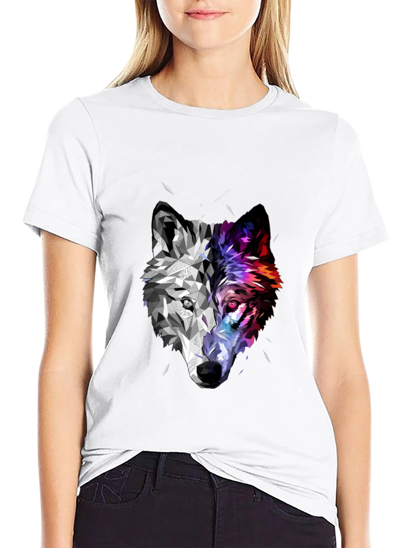 Geometric Wolf Head Graphic Black T-Shirt