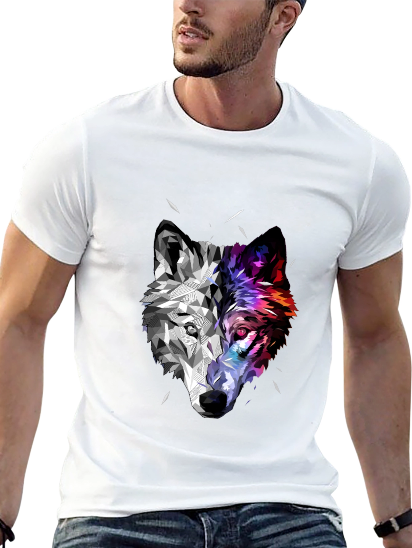 Geometric Wolf Head Graphic Black T-Shirt