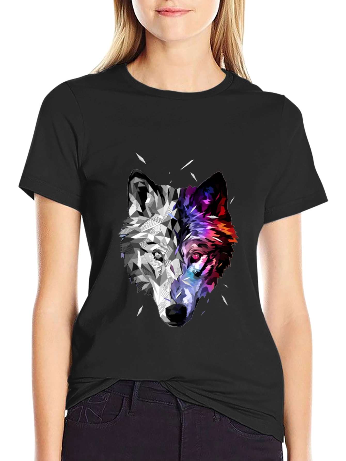 Geometric Wolf Head Graphic Black T-Shirt