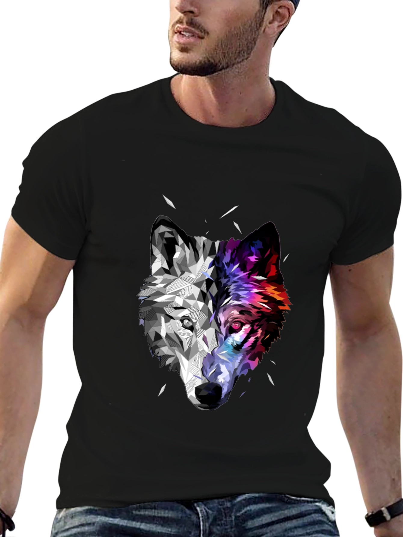 Geometric Wolf Head Graphic Black T-Shirt