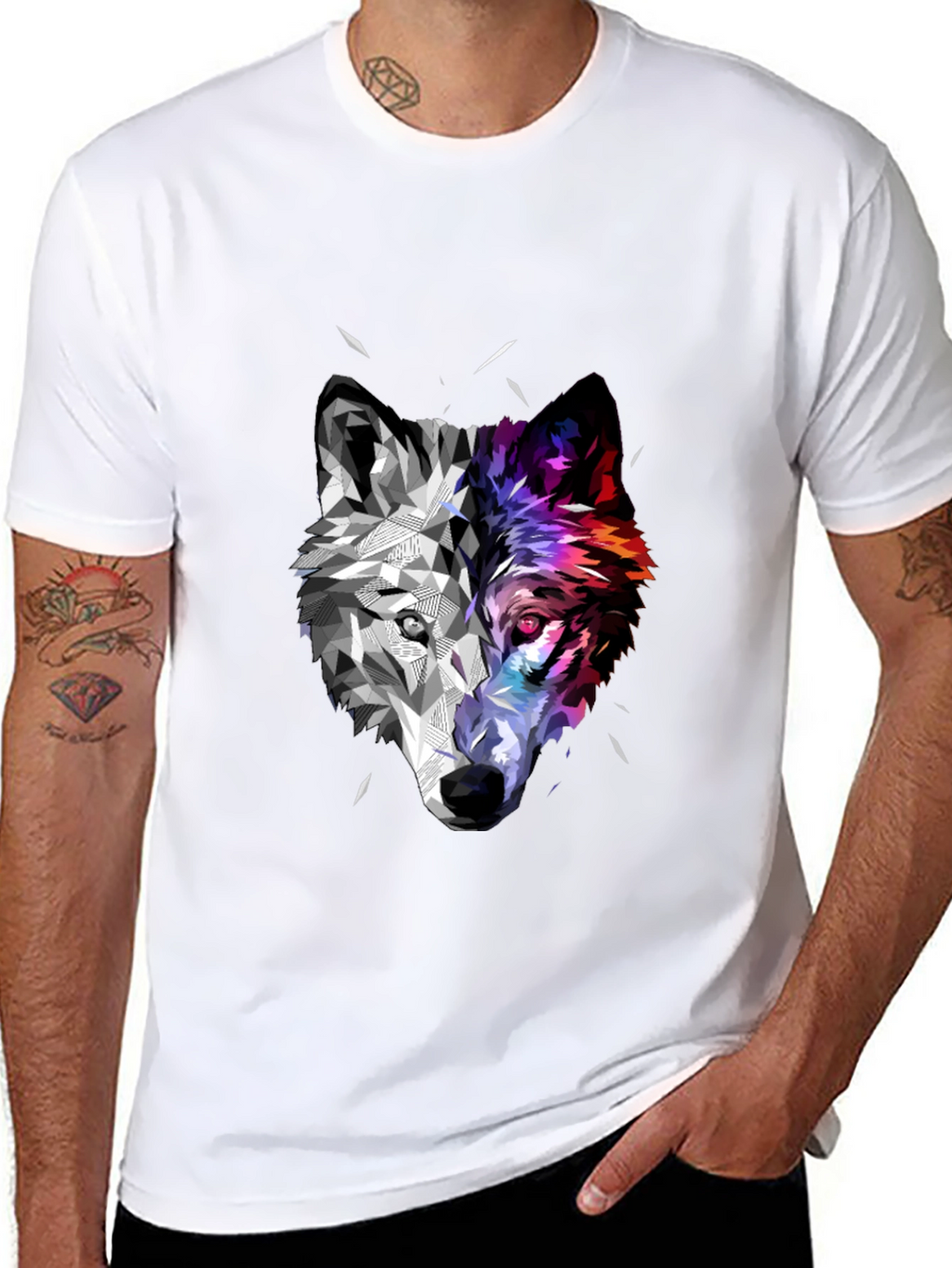 Geometric Wolf Head Graphic Black T-Shirt