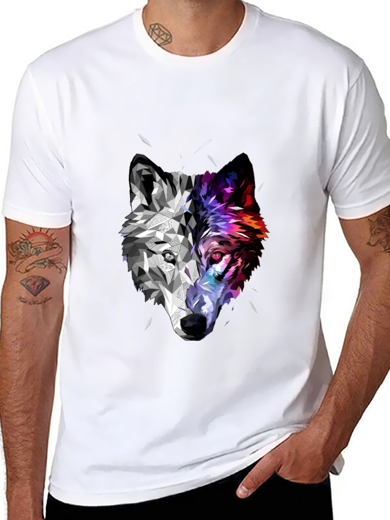 Geometric Wolf Head Graphic Black T-Shirt