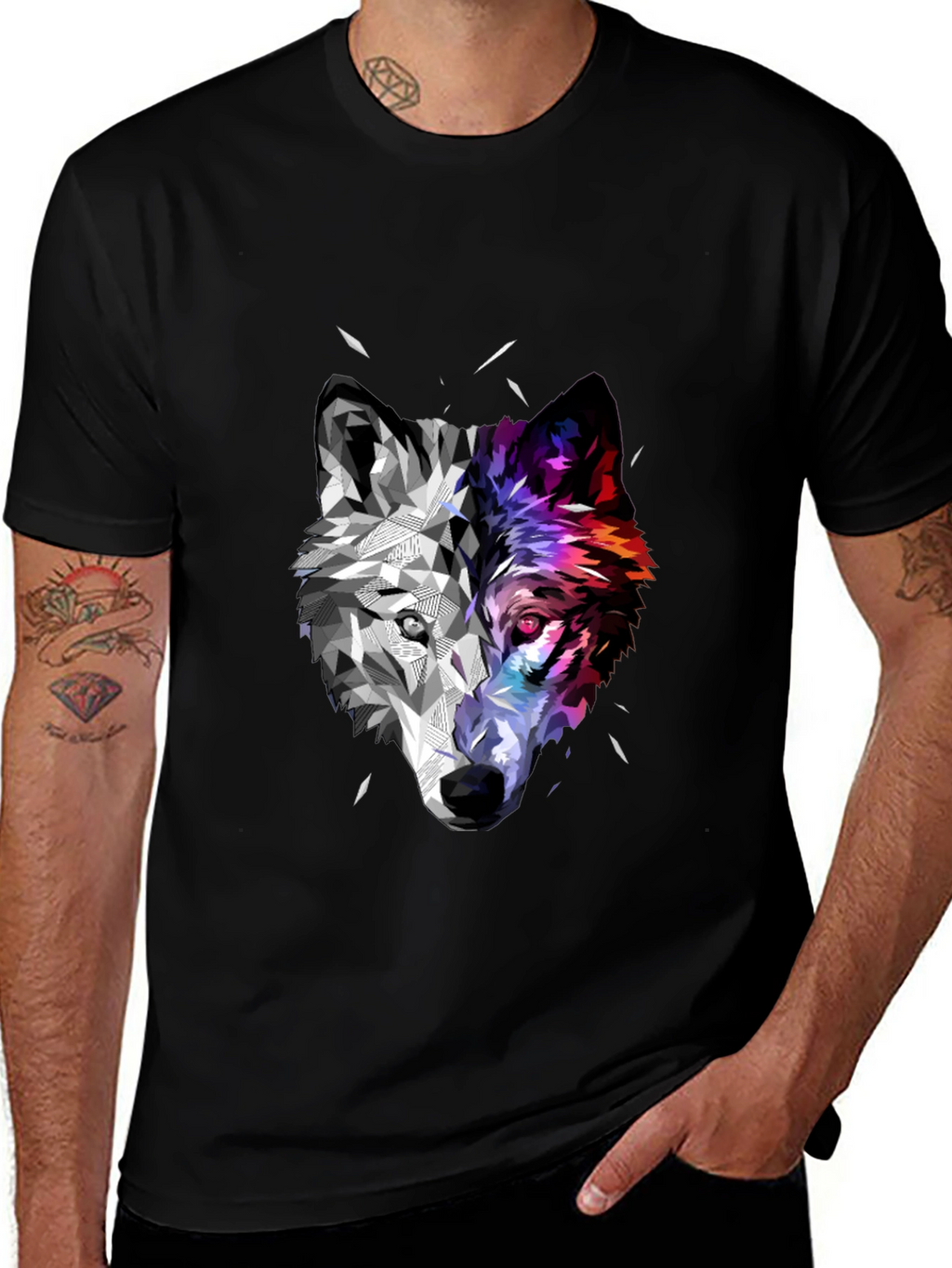 Geometric Wolf Head Graphic Black T-Shirt