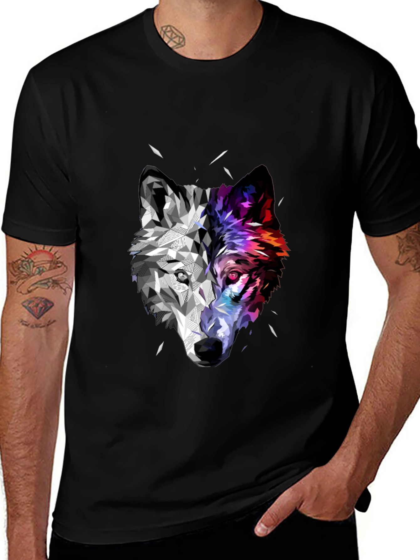 Geometric Wolf Head Graphic Black T-Shirt