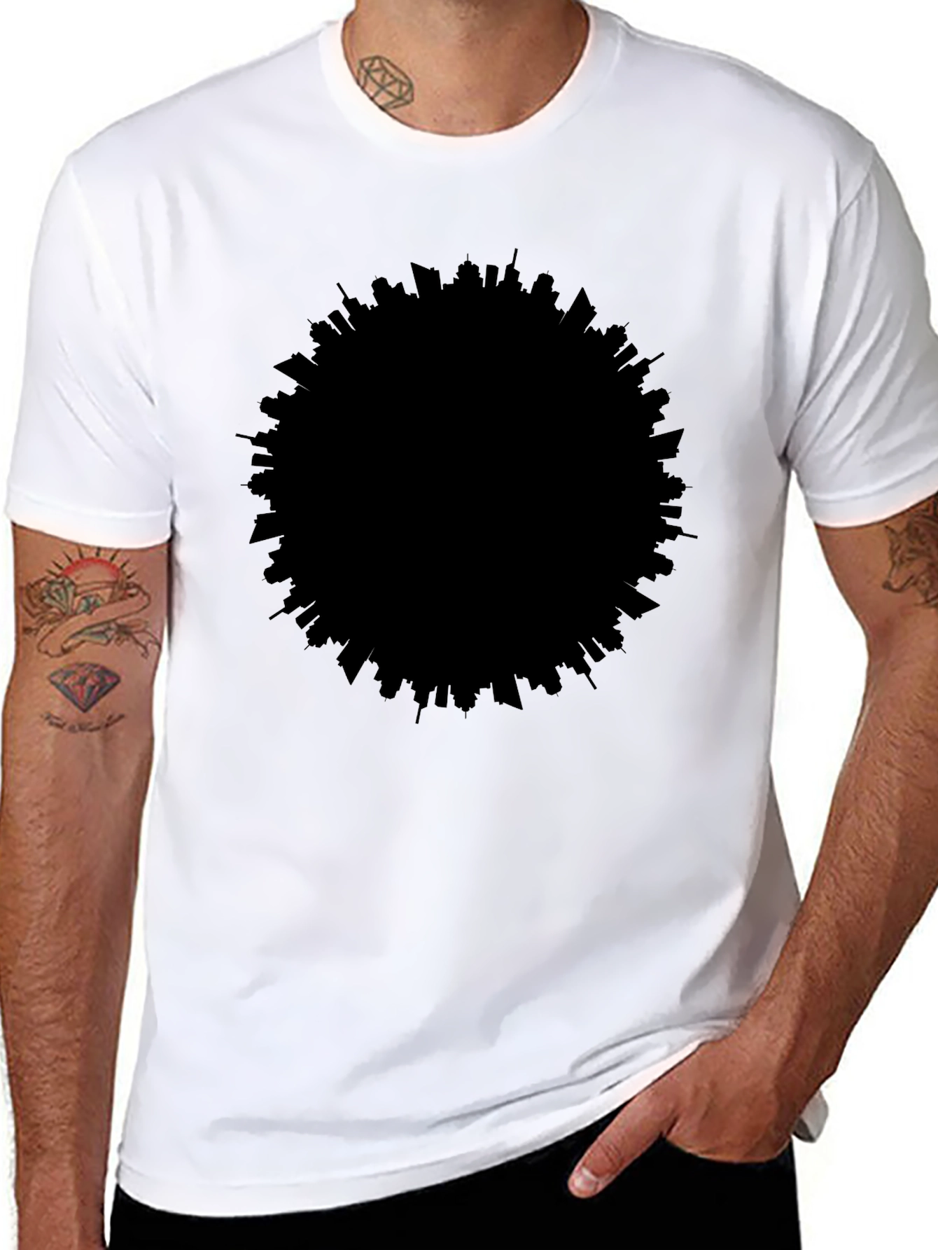 Modern Cityscape Silhouette Black T-Shirt