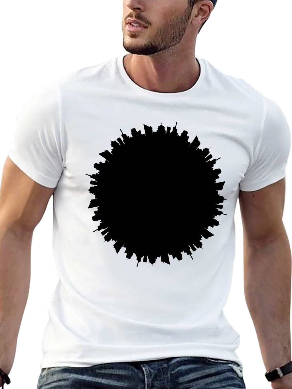 Modern Cityscape Silhouette Black T-Shirt