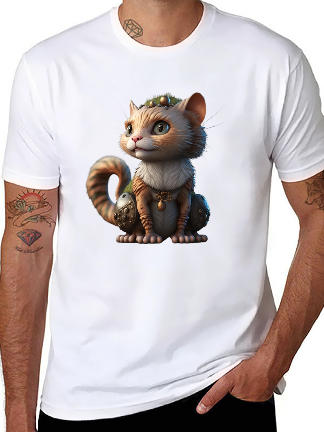 Whimsical Cartoon Cat Graphic Black T-Shirt