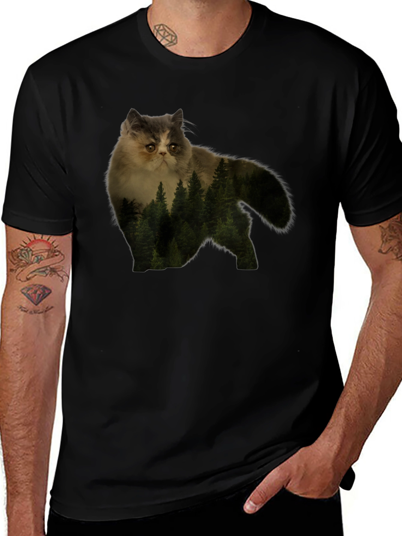 Cat Forest Graphic Tee - Nature Lovers Black T-Shirt