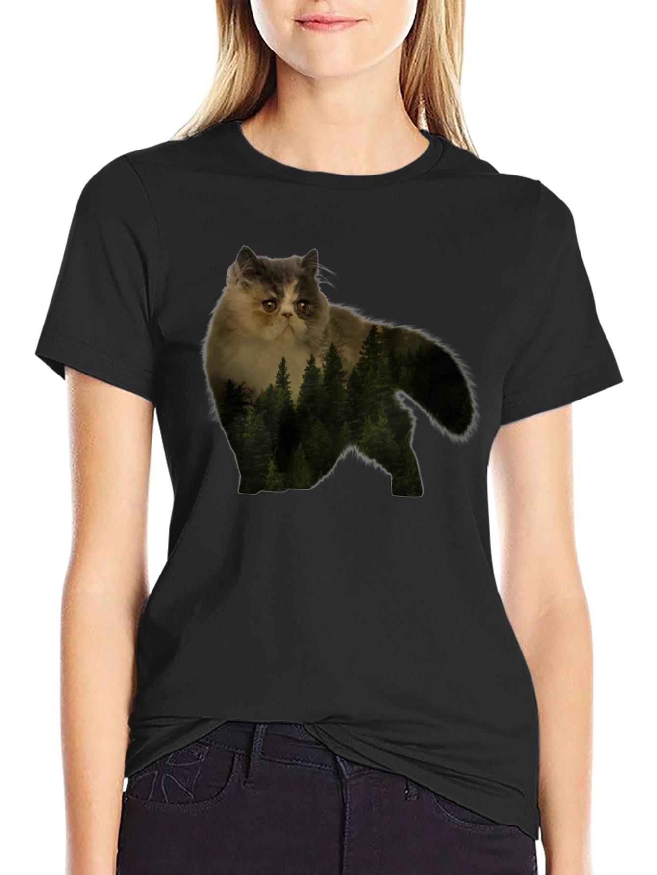 Cat Forest Graphic Tee - Nature Lovers Black T-Shirt