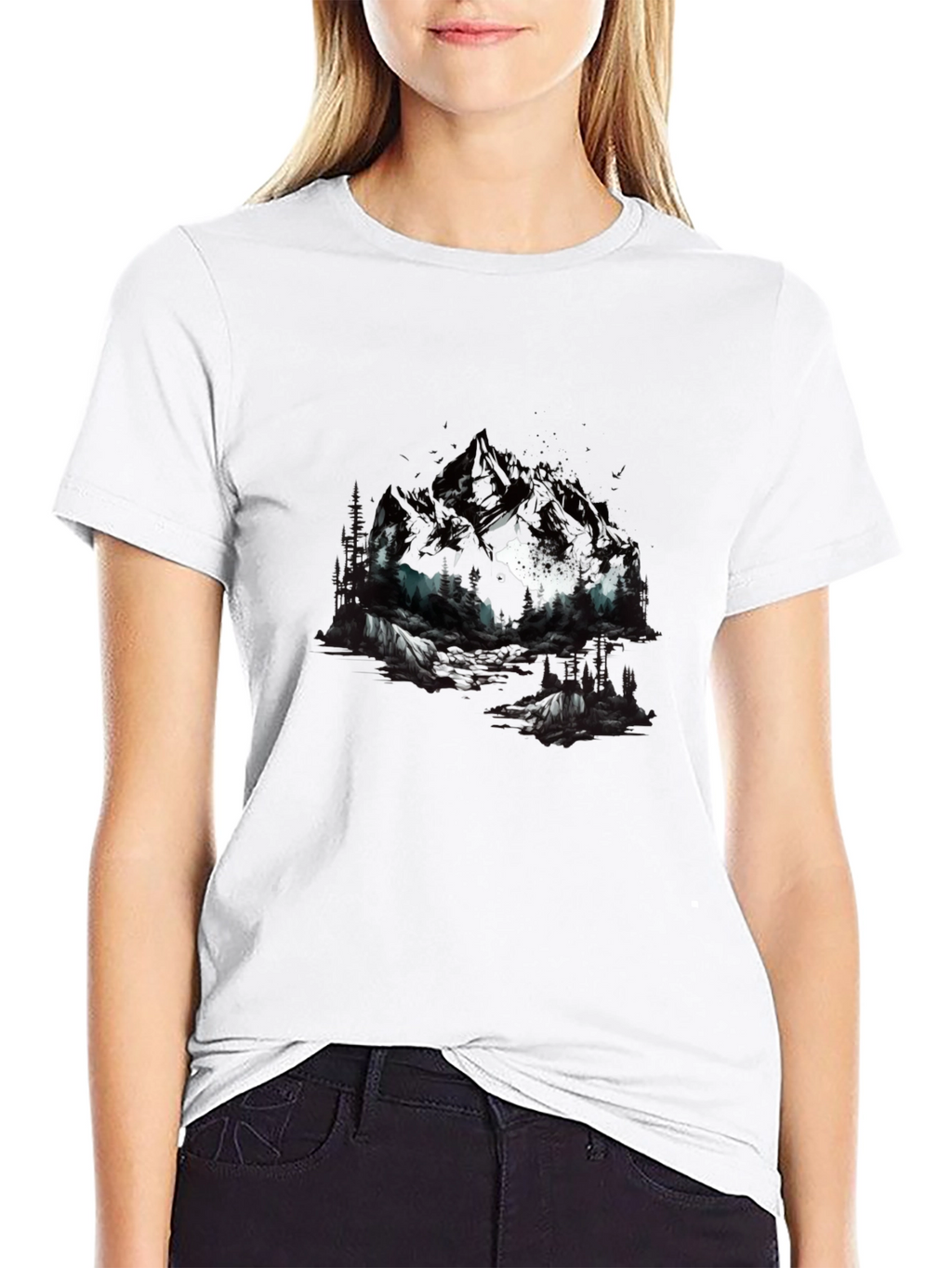 Abstract Mountain & Wolf Graphic Tee - Black