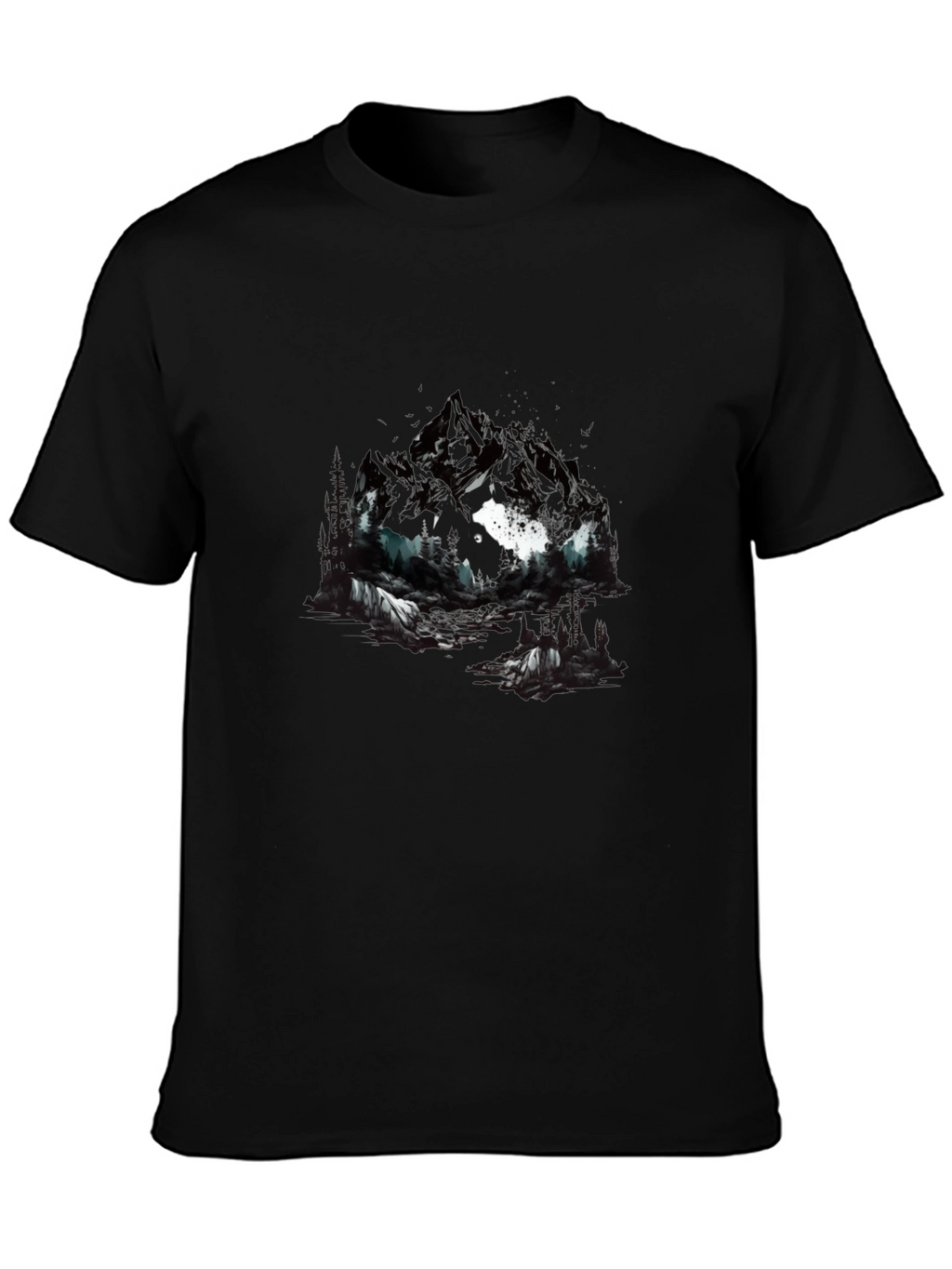 Abstract Mountain & Wolf Graphic Tee - Black
