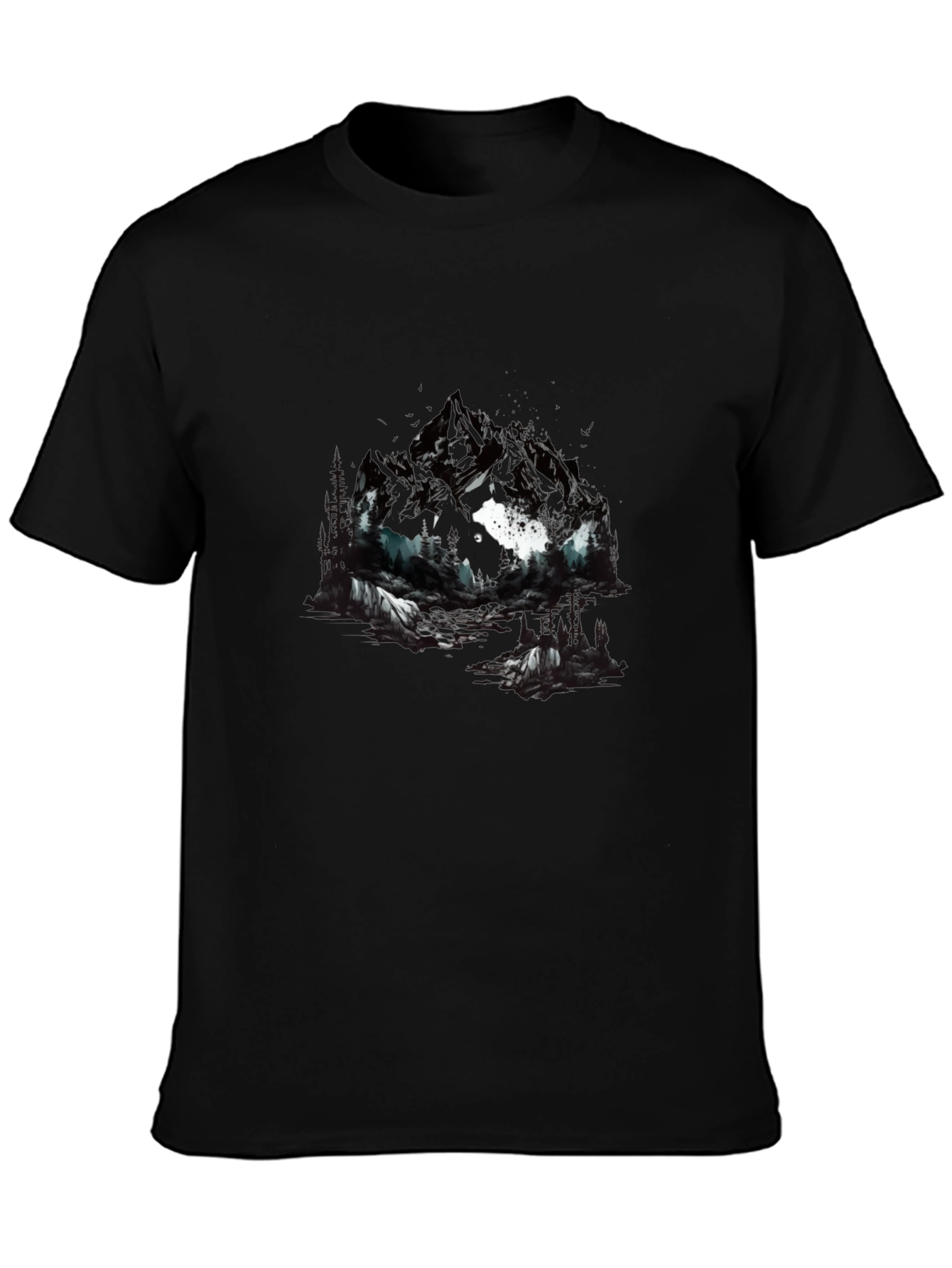Abstract Mountain & Wolf Graphic Tee - Black