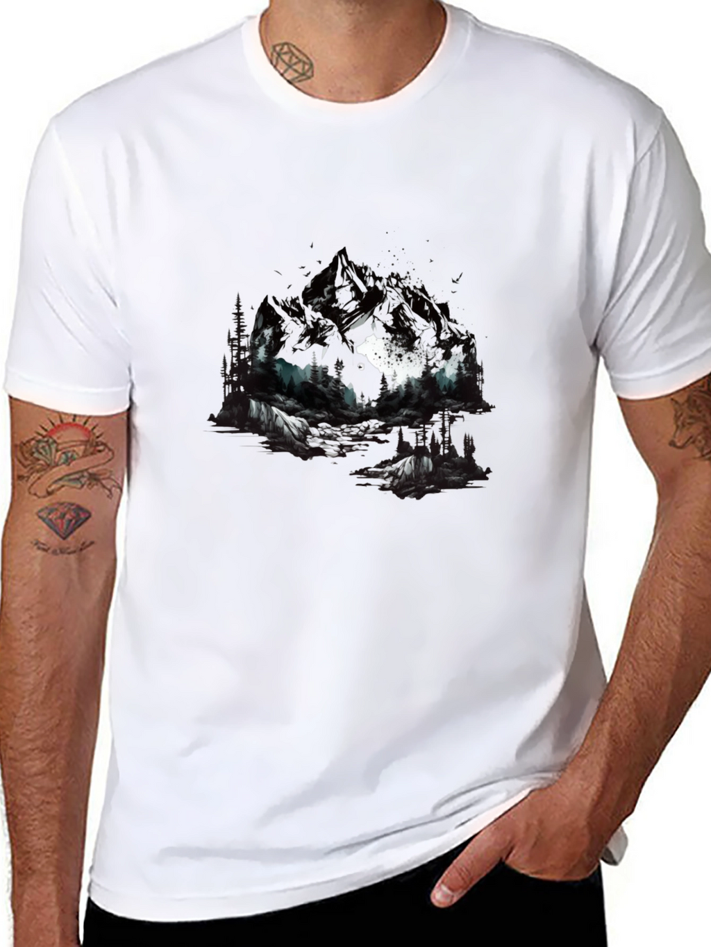 Abstract Mountain & Wolf Graphic Tee - Black