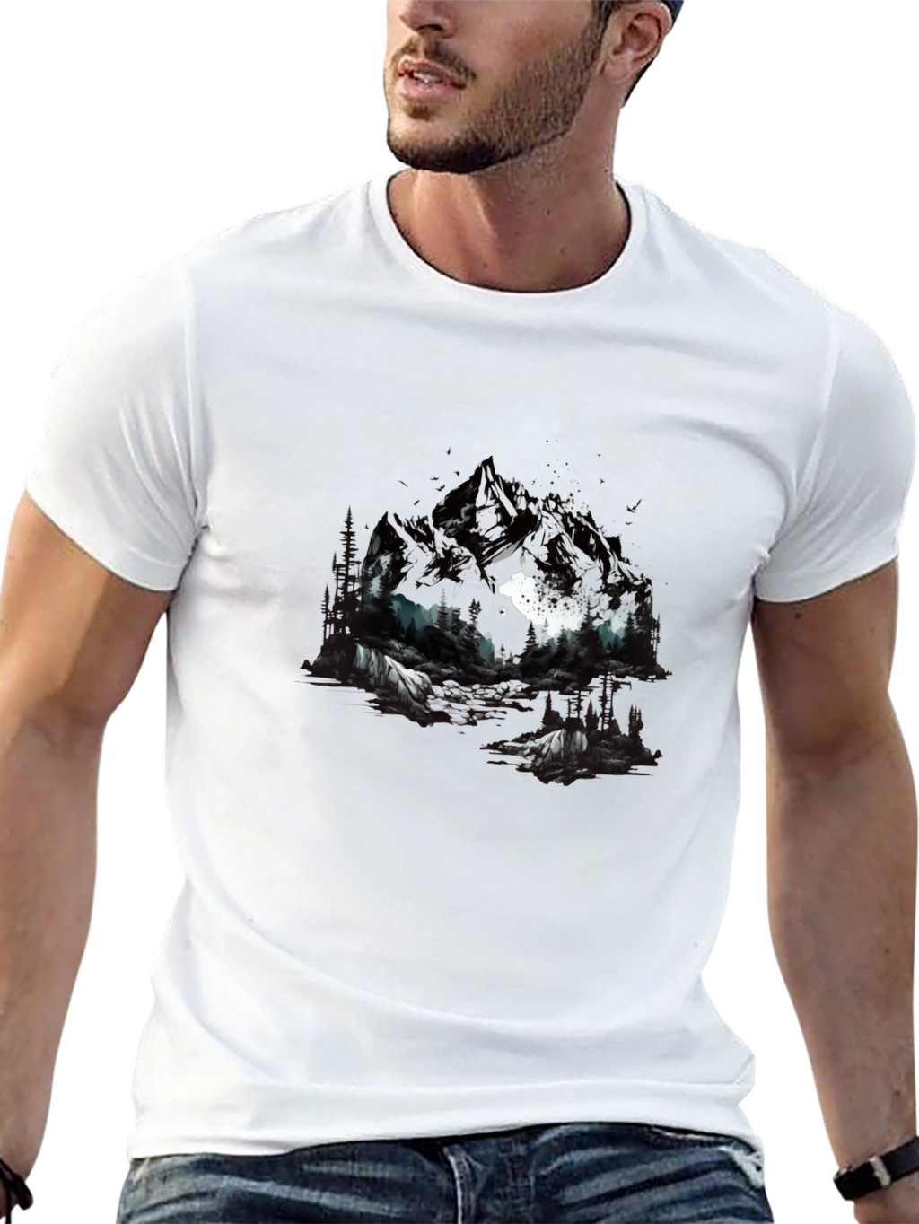 Abstract Mountain & Wolf Graphic Tee - Black