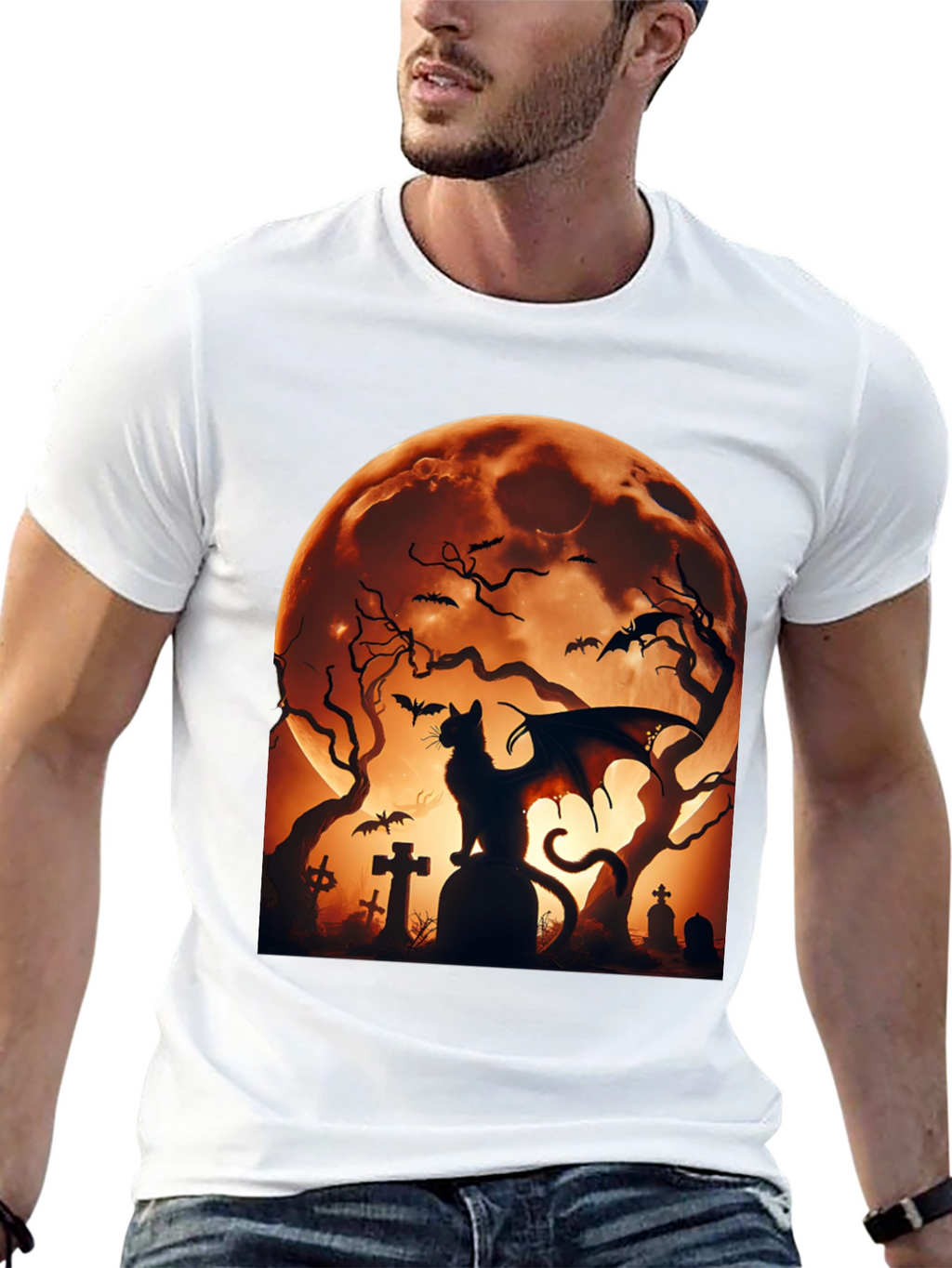 Halloween Cat Bat T-Shirt Spooky Graveyard Design