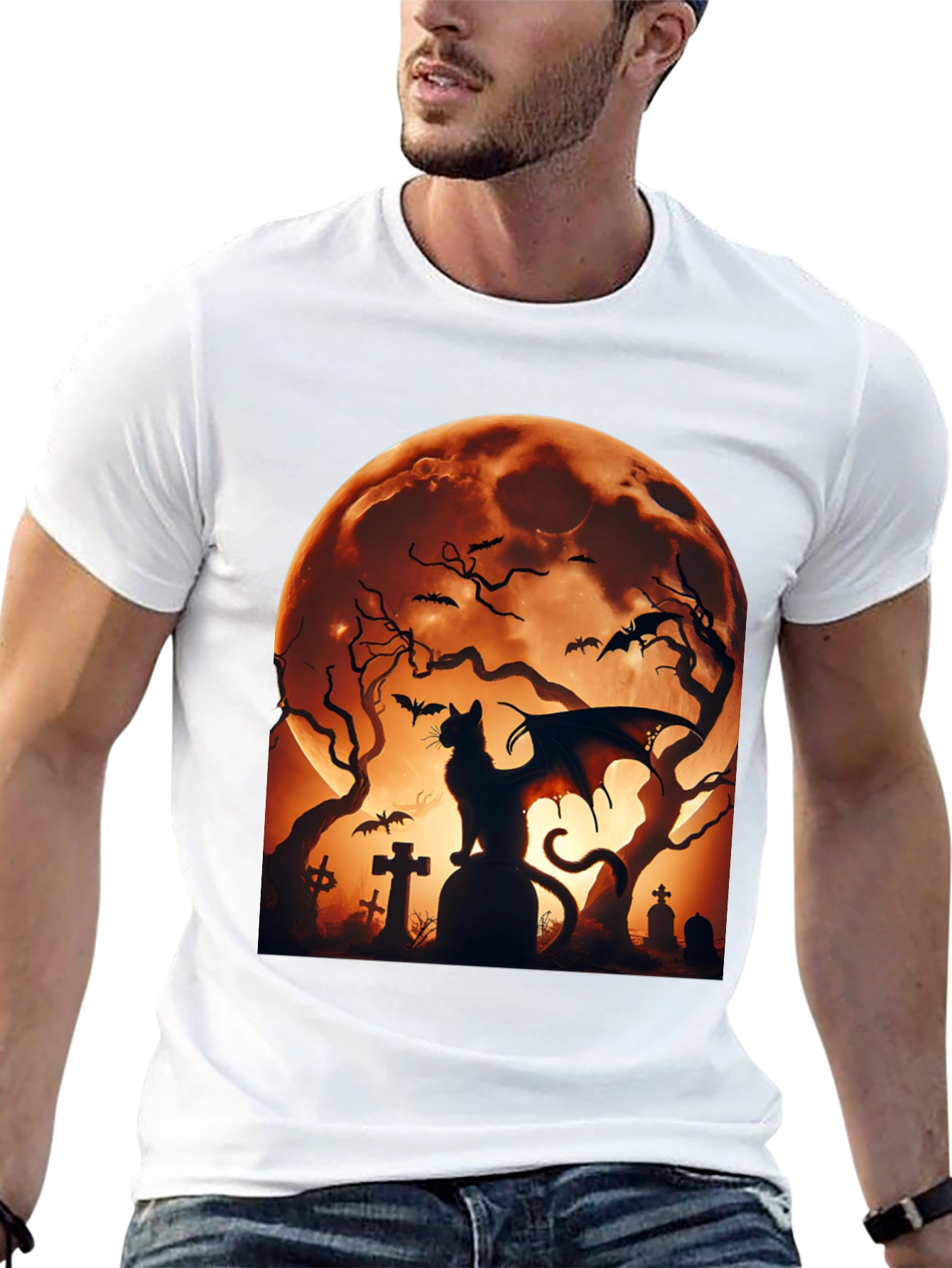 Halloween Cat Bat T-Shirt Spooky Graveyard Design