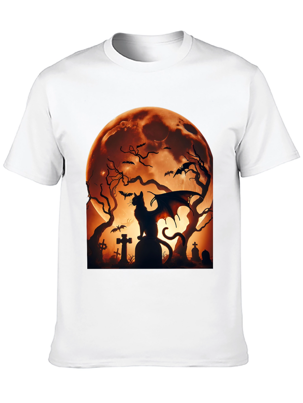 Halloween Cat Bat T-Shirt Spooky Graveyard Design
