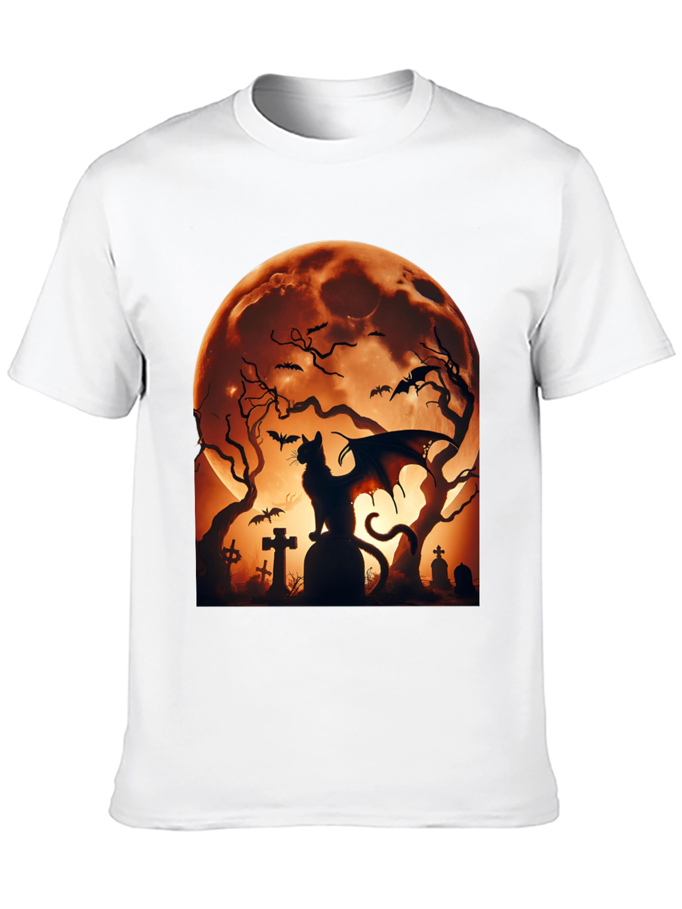 Halloween Cat Bat T-Shirt Spooky Graveyard Design