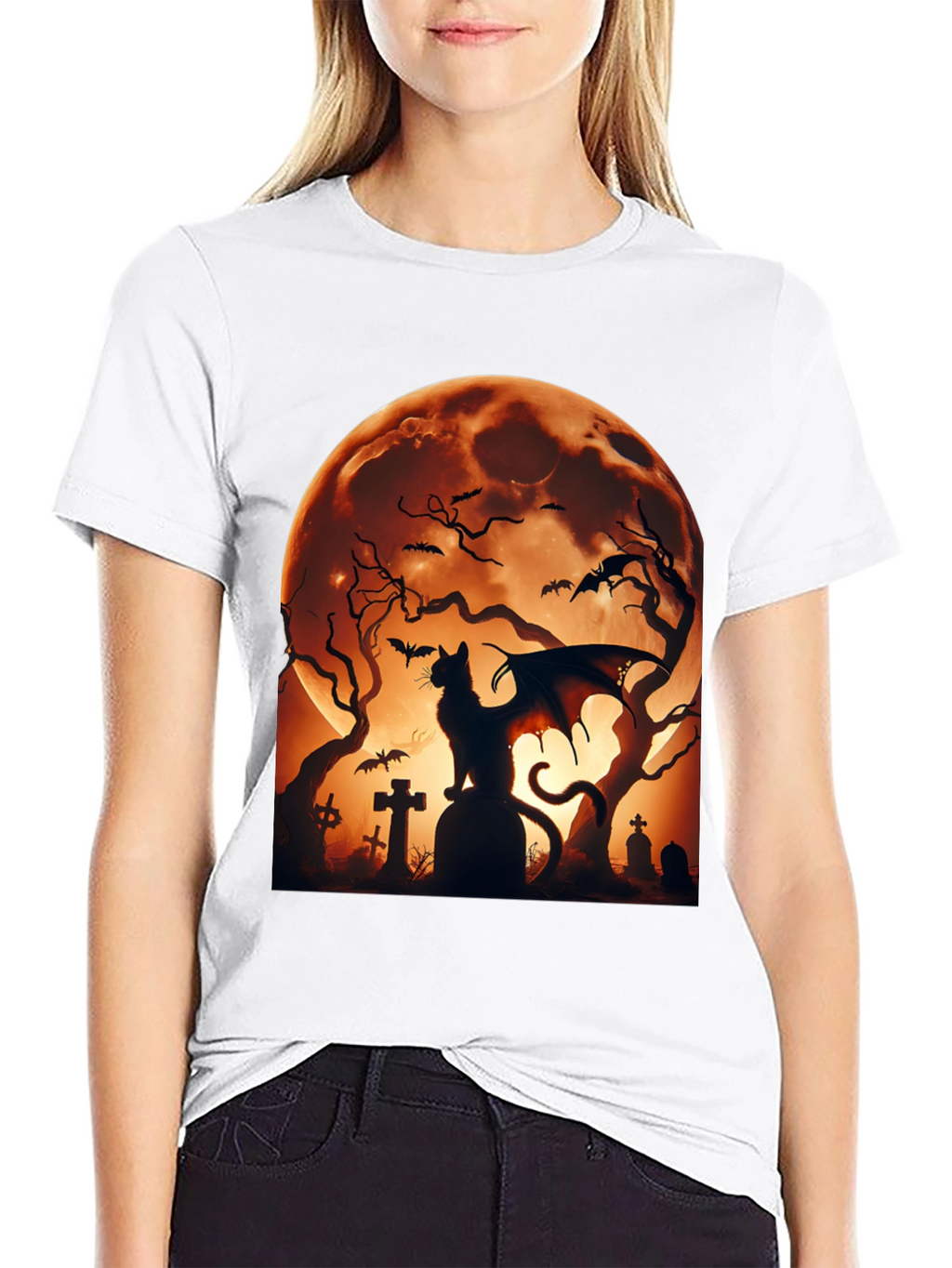 Halloween Cat Bat T-Shirt Spooky Graveyard Design