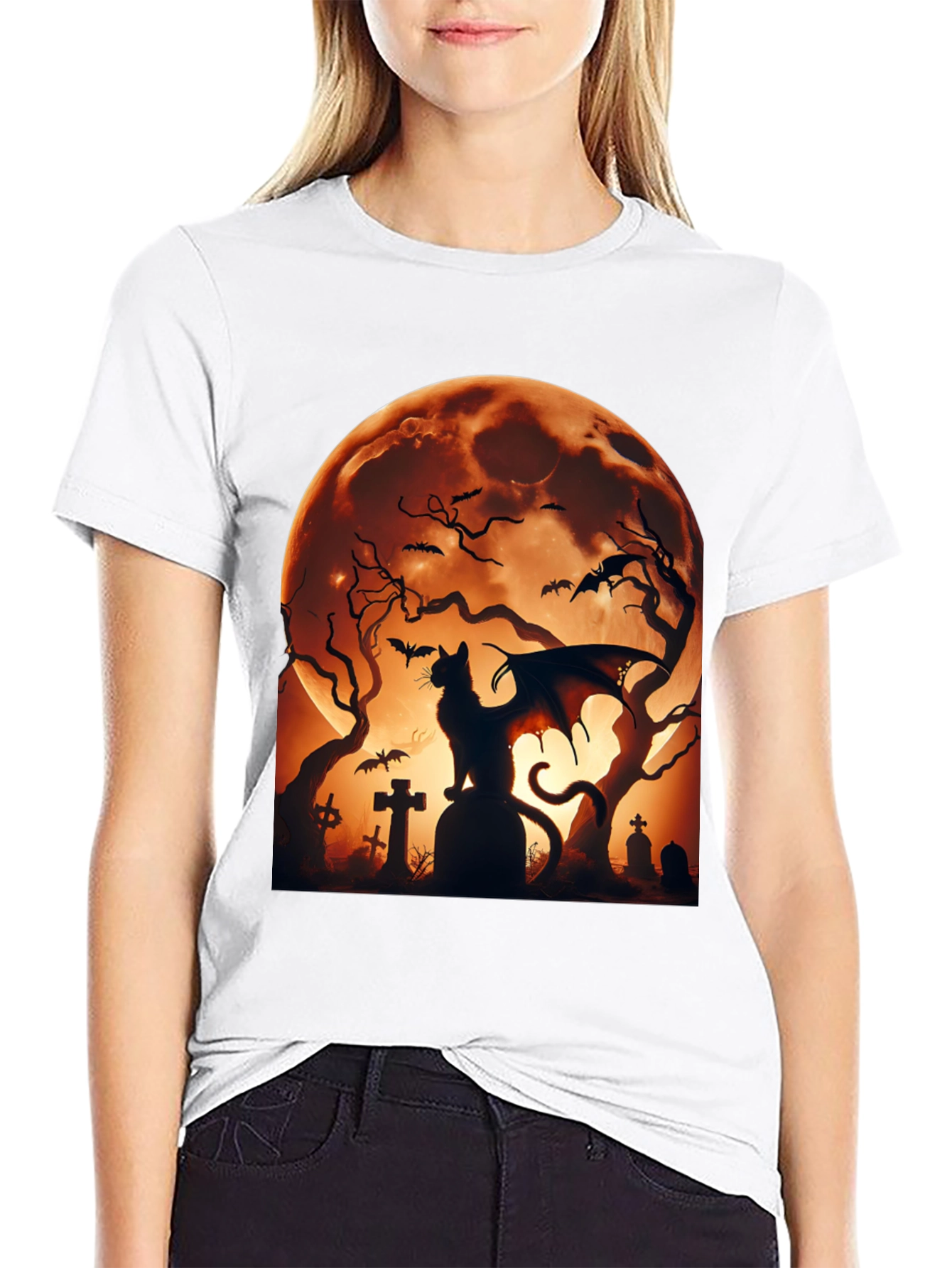 Halloween Cat Bat T-Shirt Spooky Graveyard Design