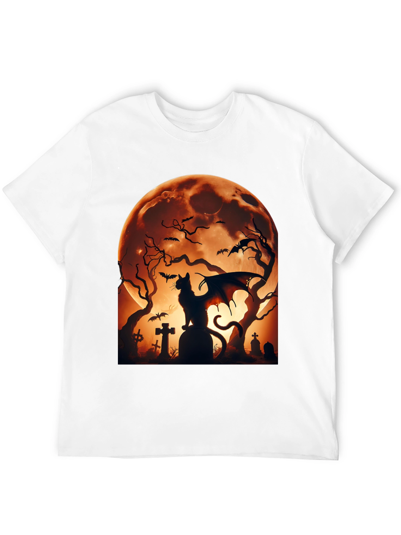 Halloween Cat Bat T-Shirt Spooky Graveyard Design