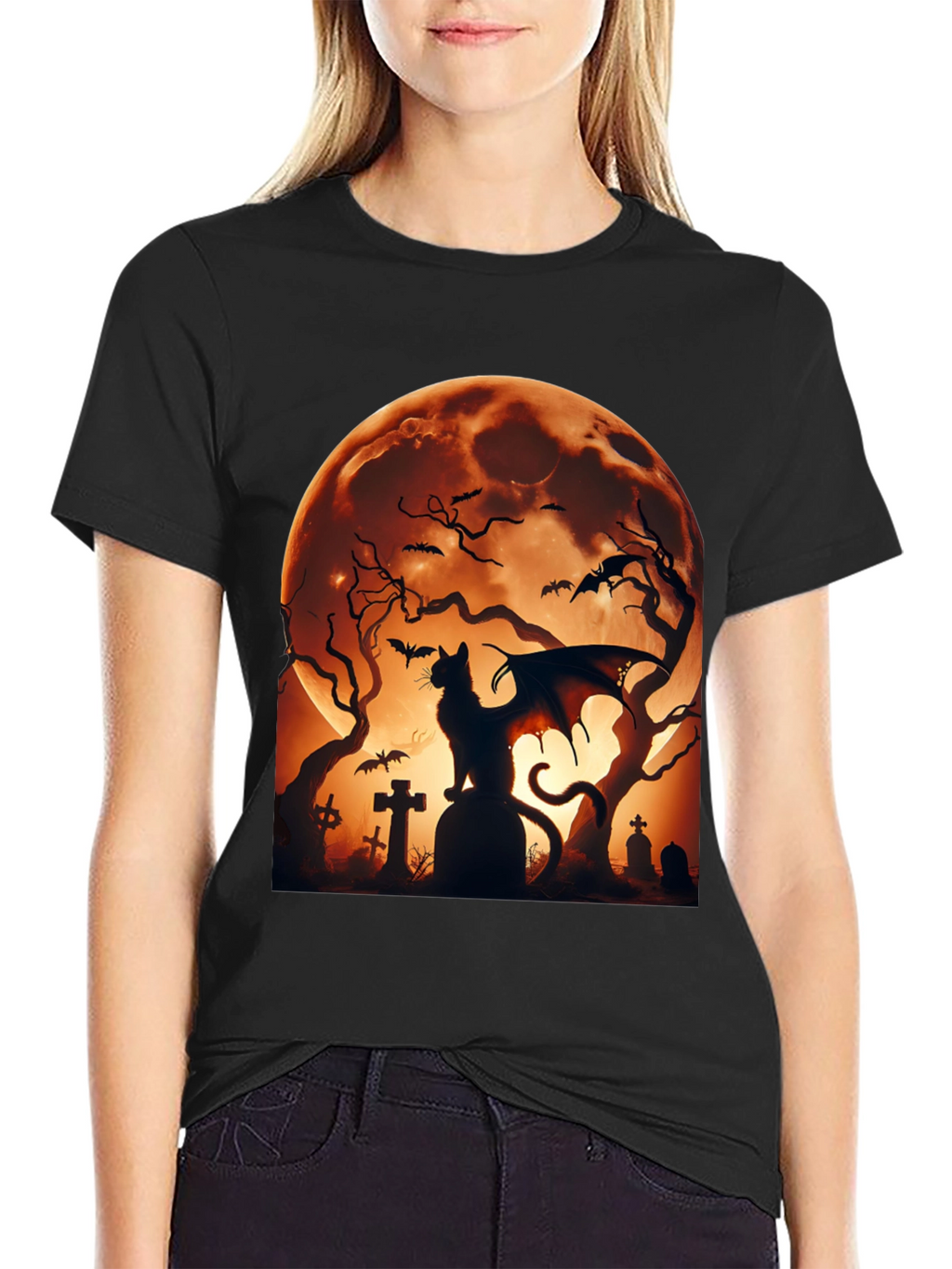 Halloween Cat Bat T-Shirt Spooky Graveyard Design