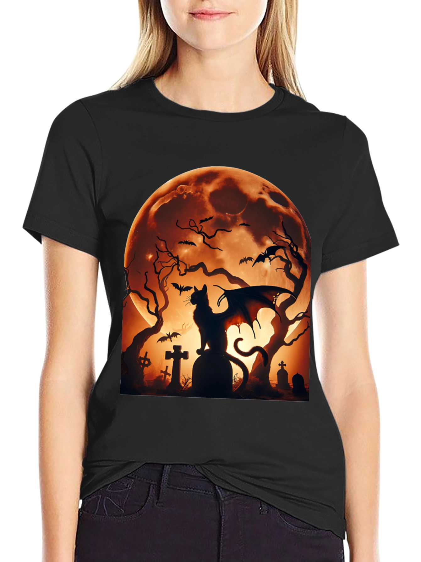 Halloween Cat Bat T-Shirt Spooky Graveyard Design