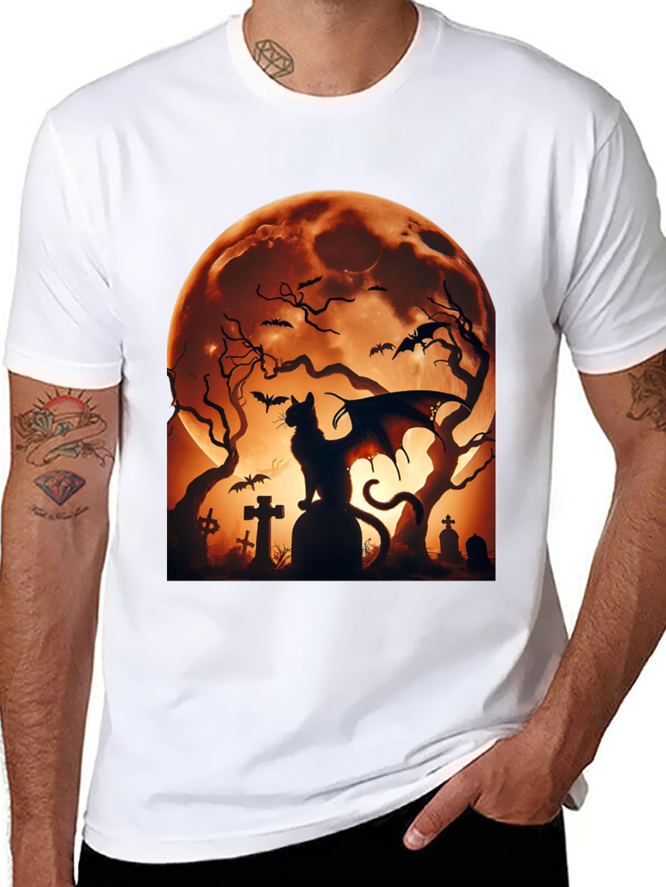 Halloween Cat Bat T-Shirt Spooky Graveyard Design