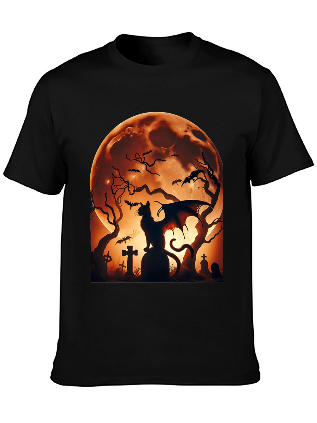Halloween Cat Bat T-Shirt Spooky Graveyard Design