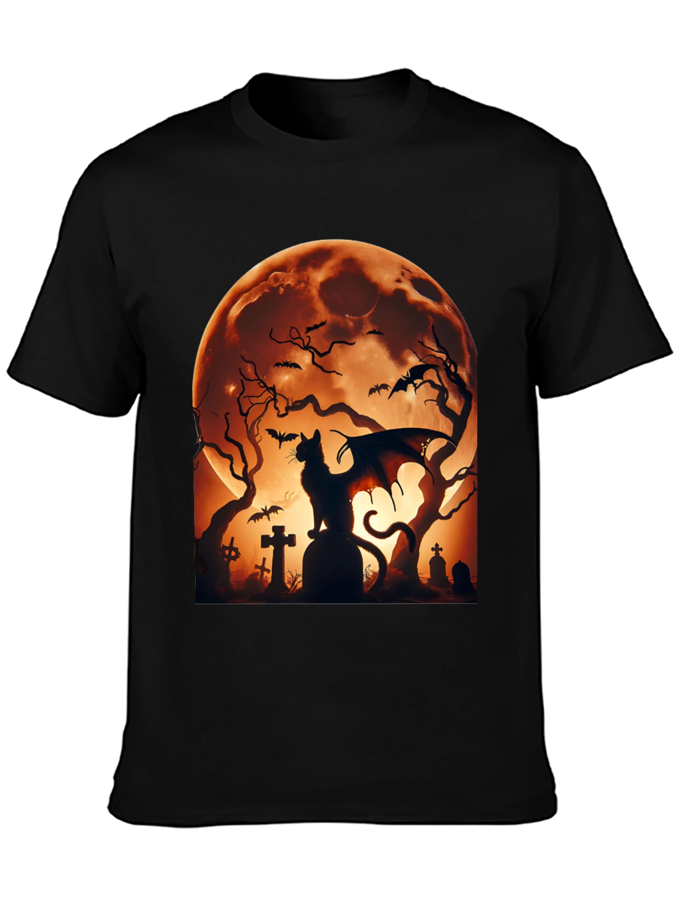 Halloween Cat Bat T-Shirt Spooky Graveyard Design