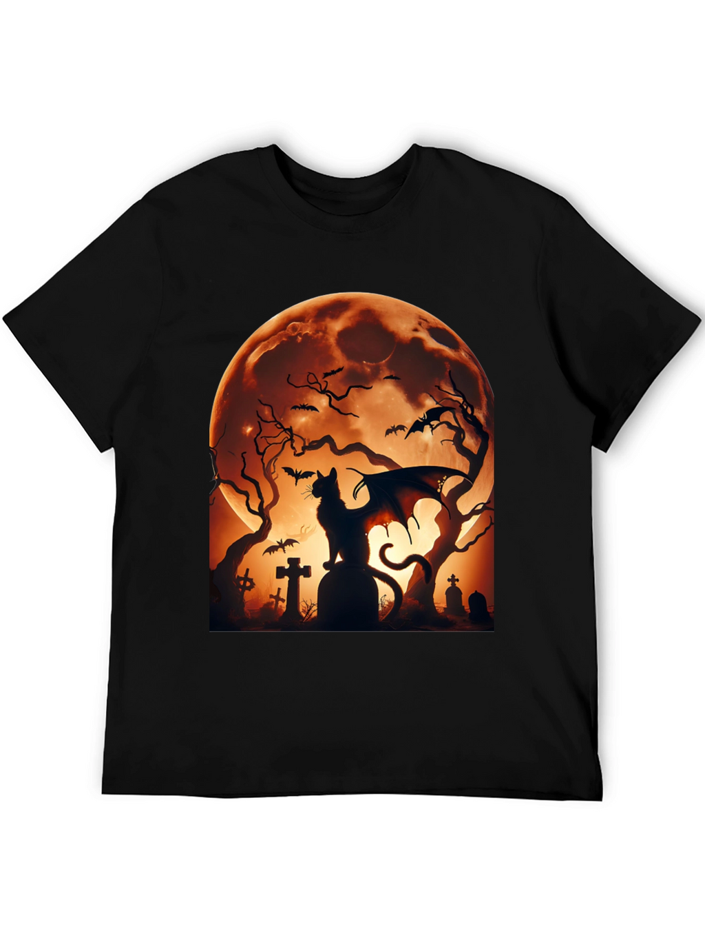 Halloween Cat Bat T-Shirt Spooky Graveyard Design