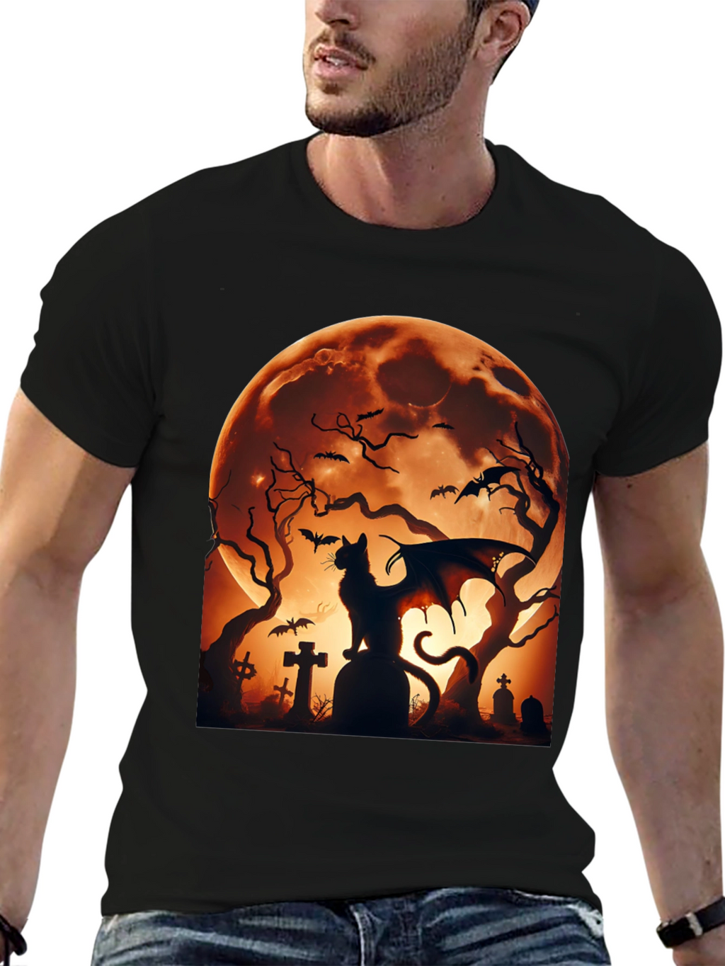 Halloween Cat Bat T-Shirt Spooky Graveyard Design