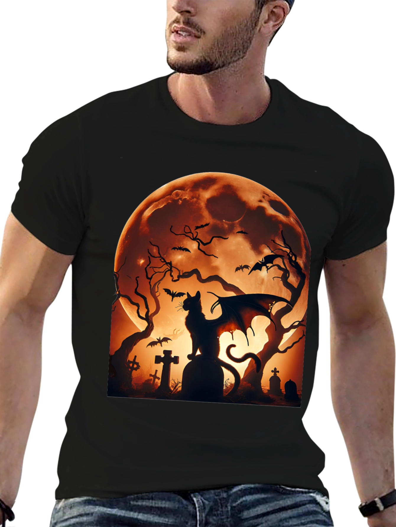 Halloween Cat Bat T-Shirt Spooky Graveyard Design