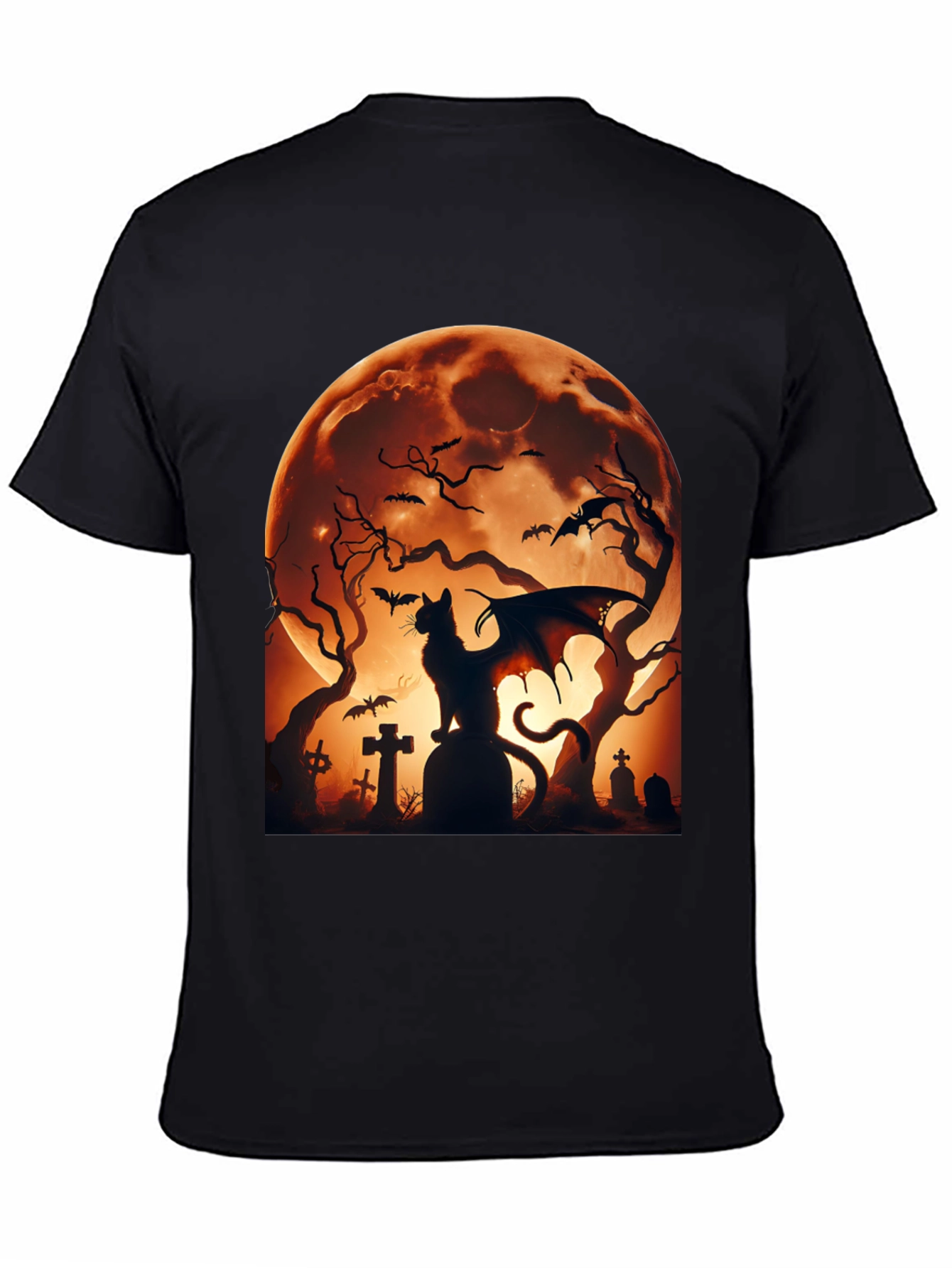 Halloween Cat Bat T-Shirt Spooky Graveyard Design