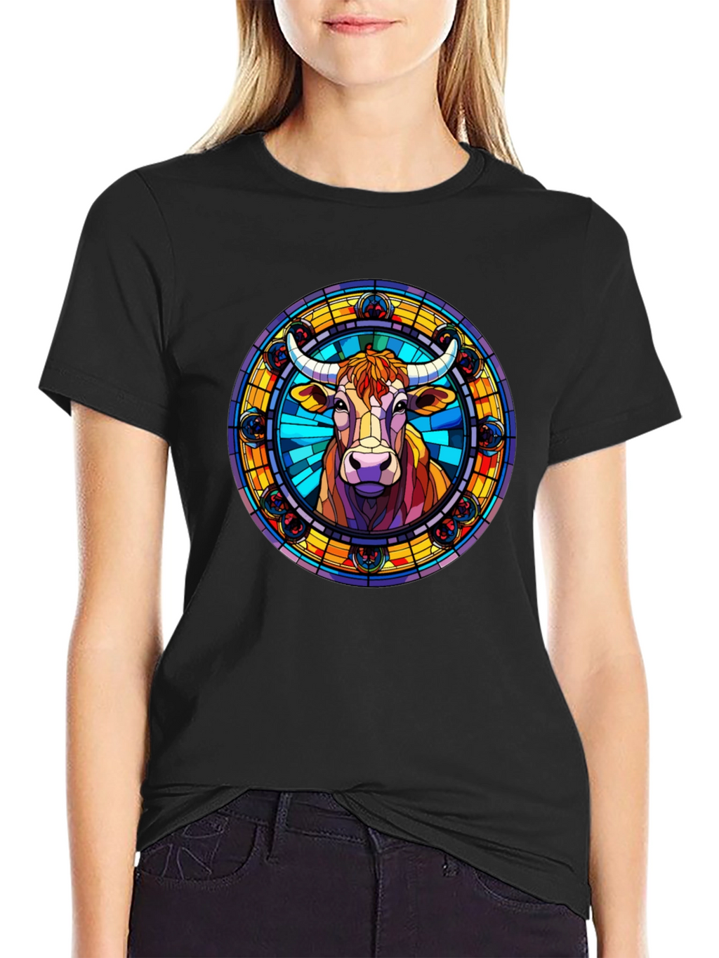 Stained Glass Cow Graphic Tee - Black