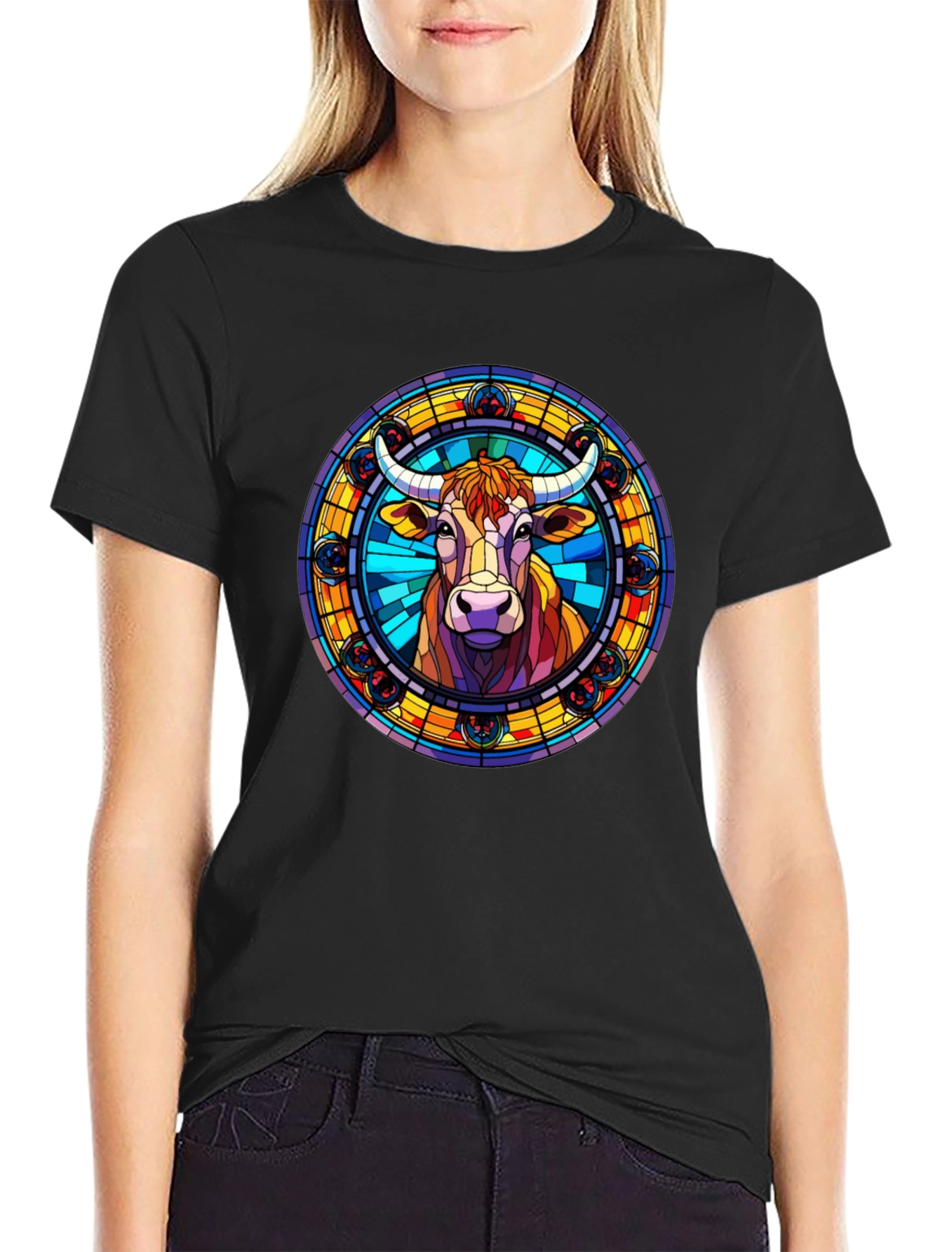 Stained Glass Cow Graphic Tee - Black