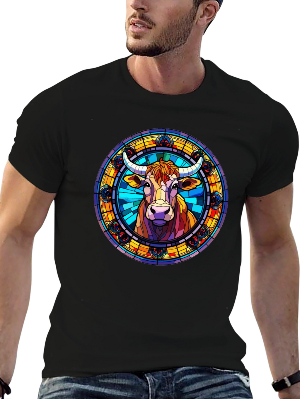 Stained Glass Cow Graphic Tee - Black