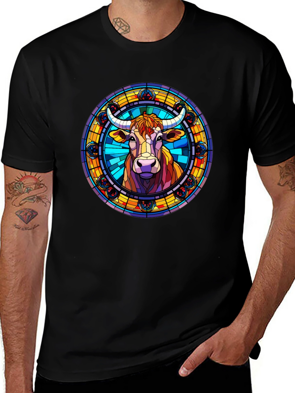 Stained Glass Cow Graphic Tee - Black