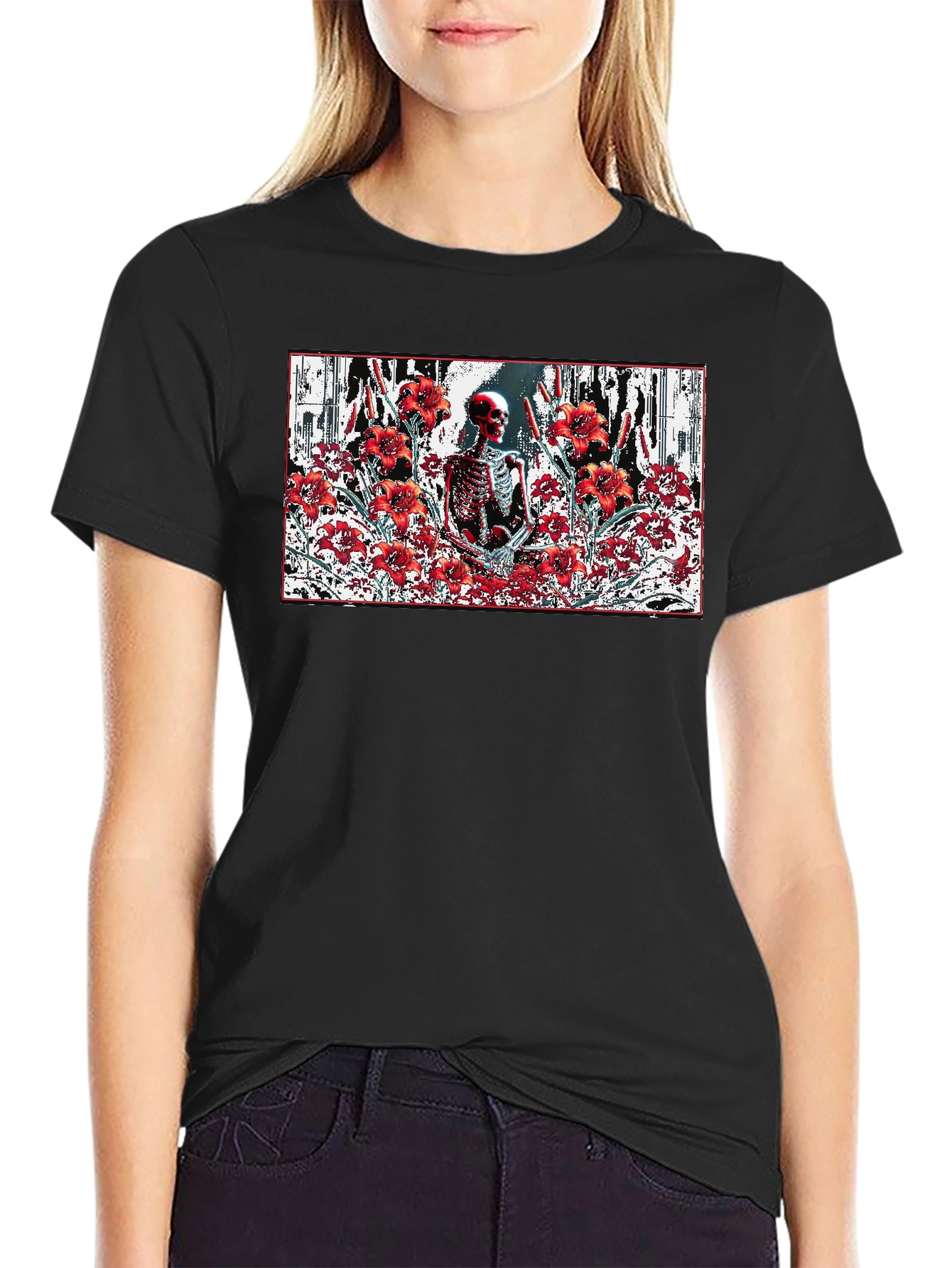 Skeleton in Floral T-Shirt - Gothic Style