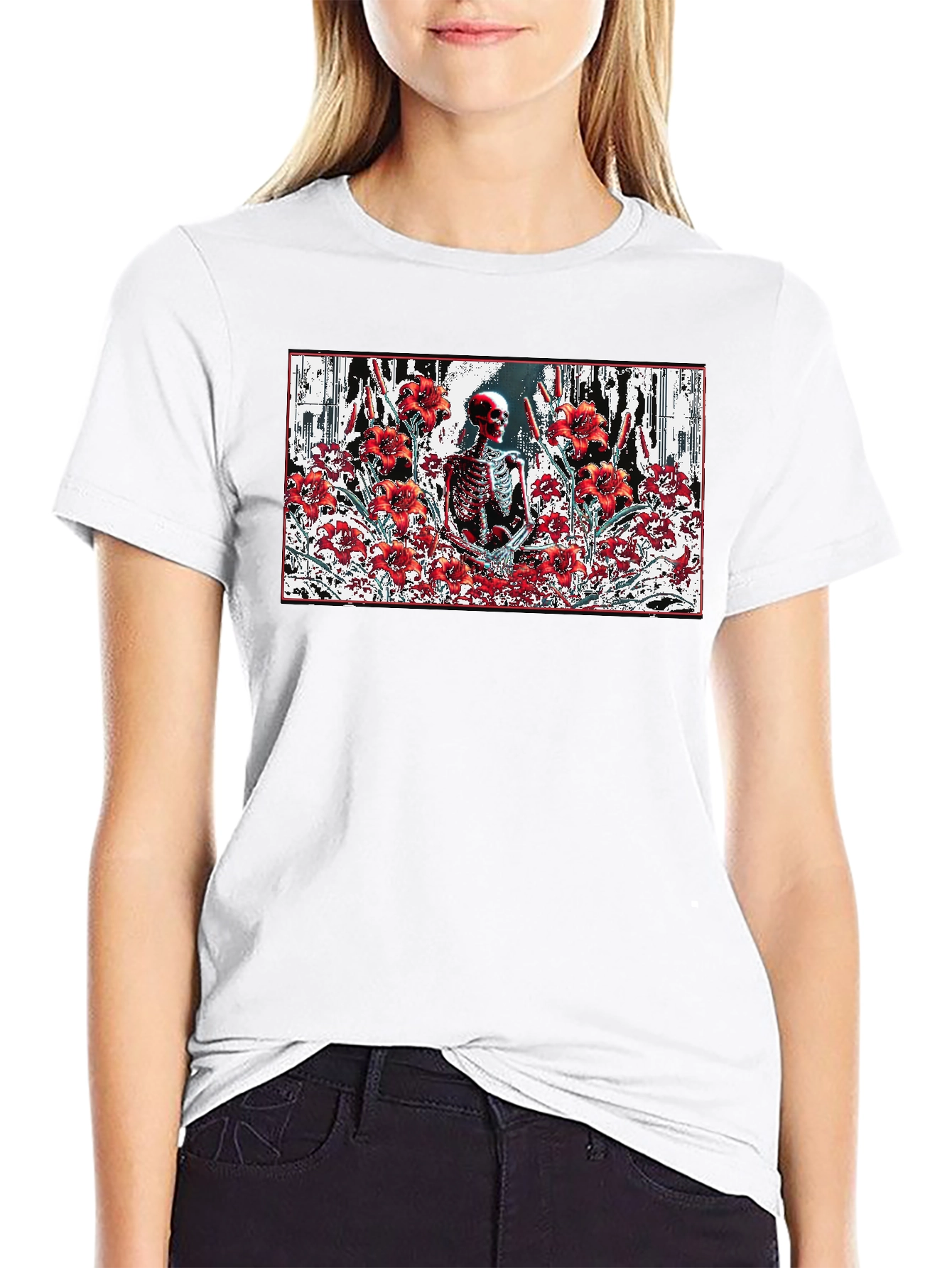Skeleton in Floral T-Shirt - Gothic Style