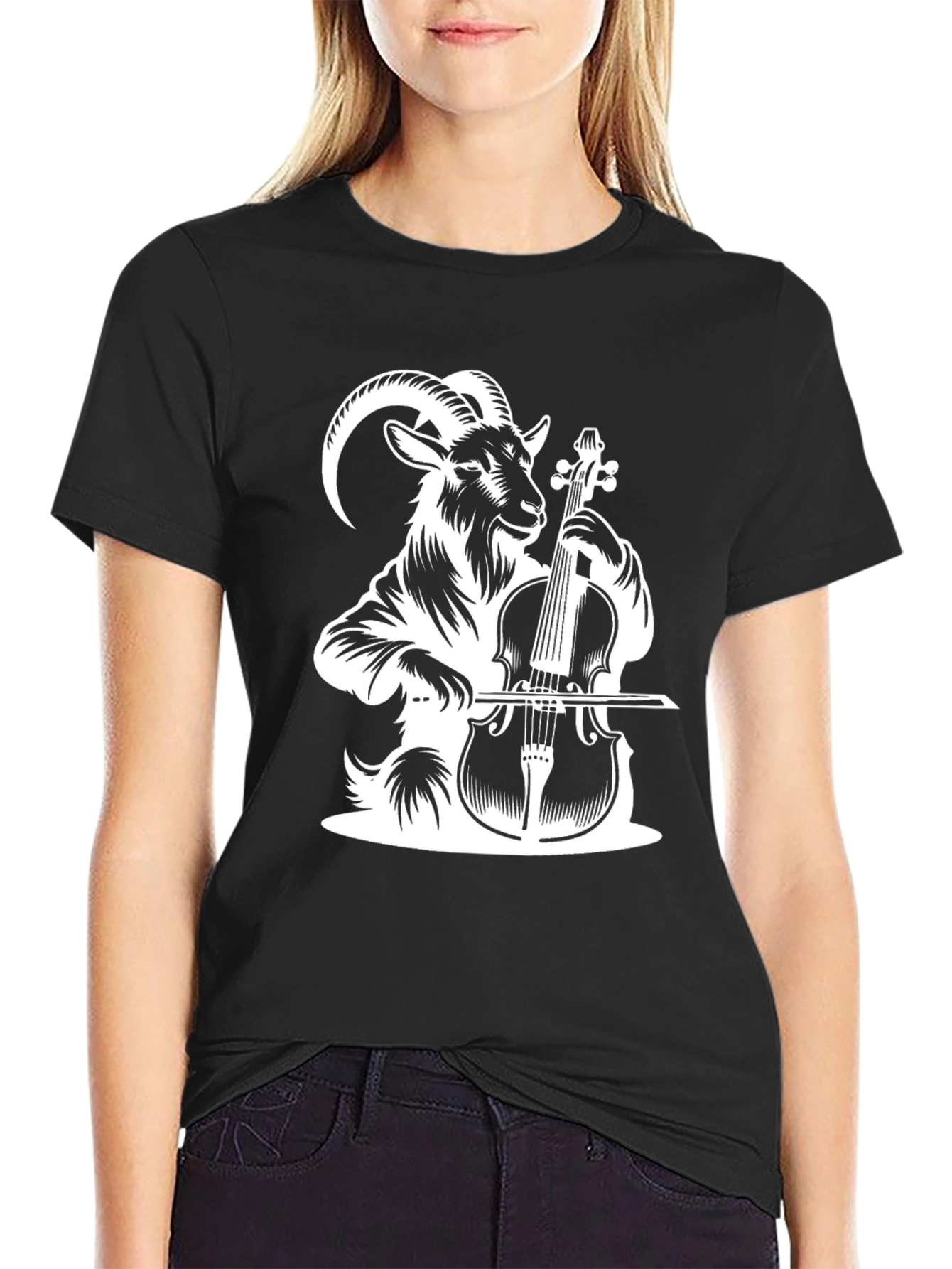 Goat Playing Cello Black T-Shirt