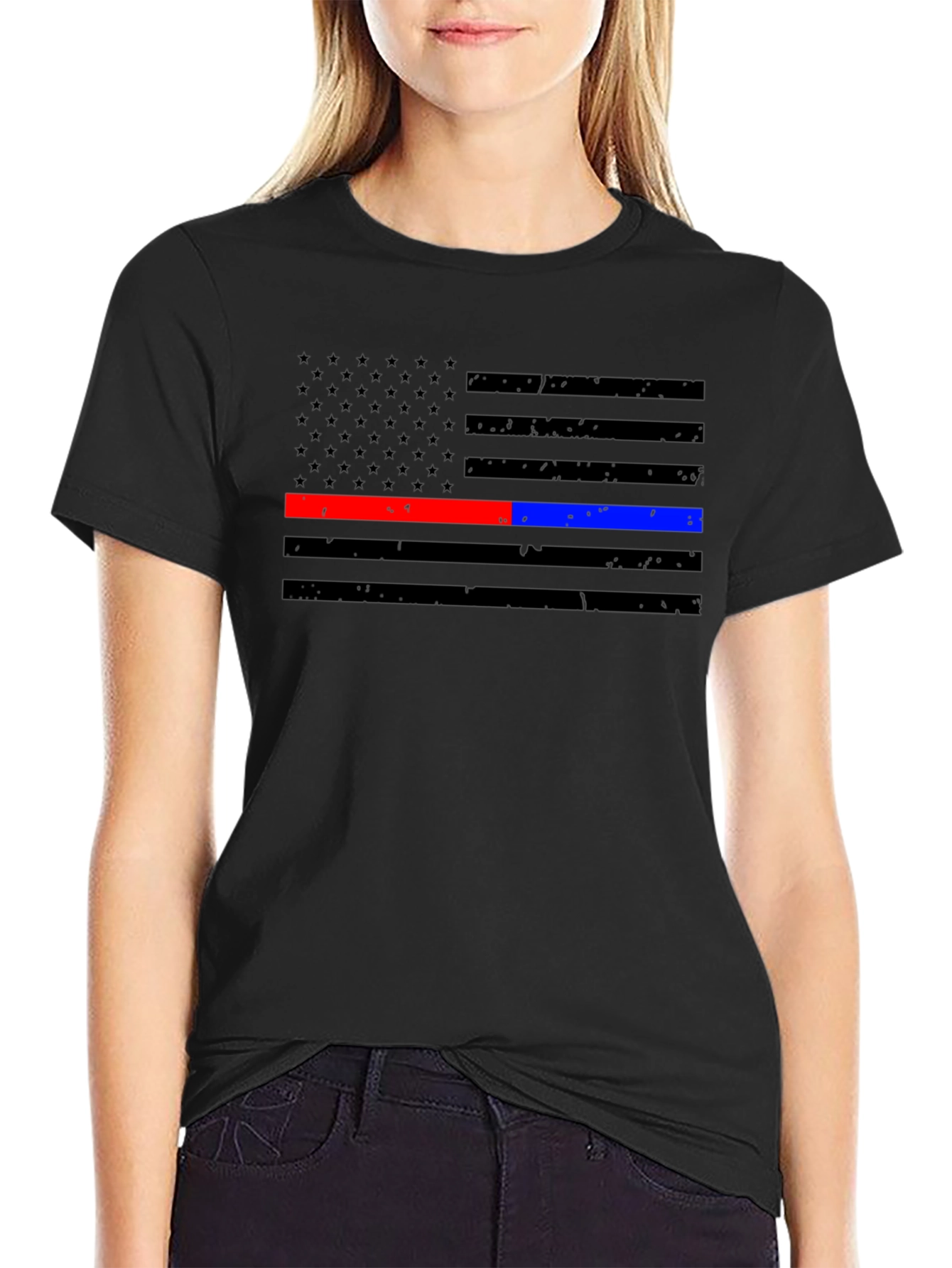 Thin Red Blue Line Flag T-Shirt - Support Fire & Police