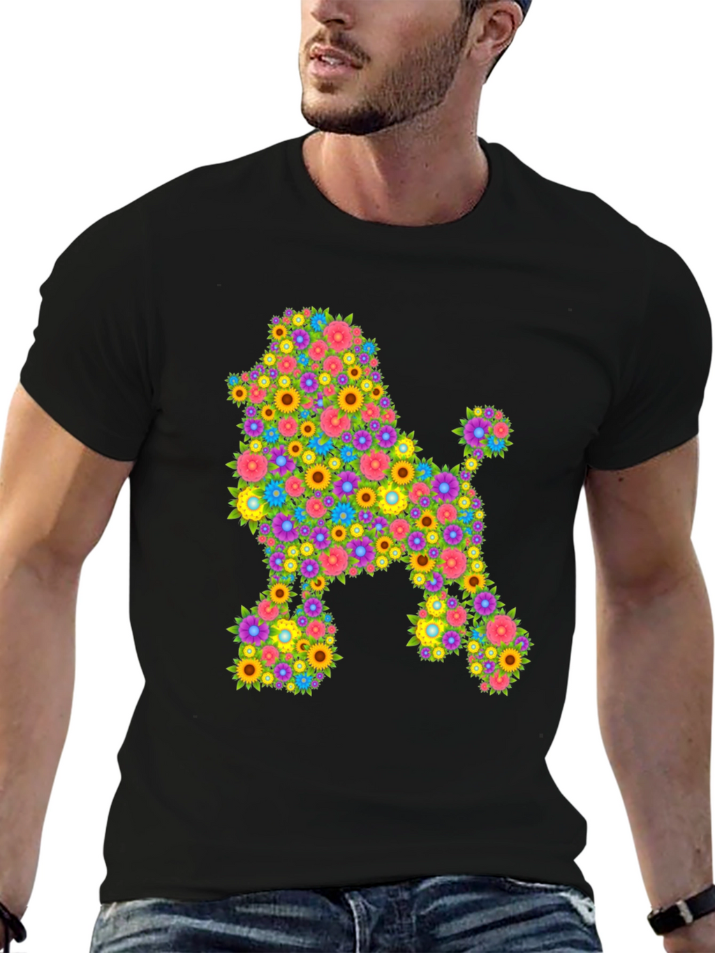 Floral Poodle Graphic Tee - Black Cotton Blend