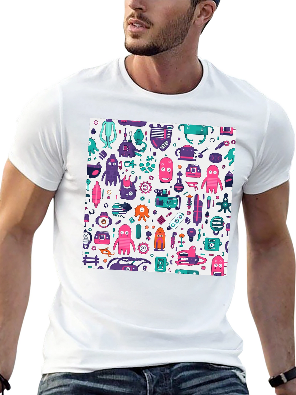 Funky Robot Print Black T-Shirt