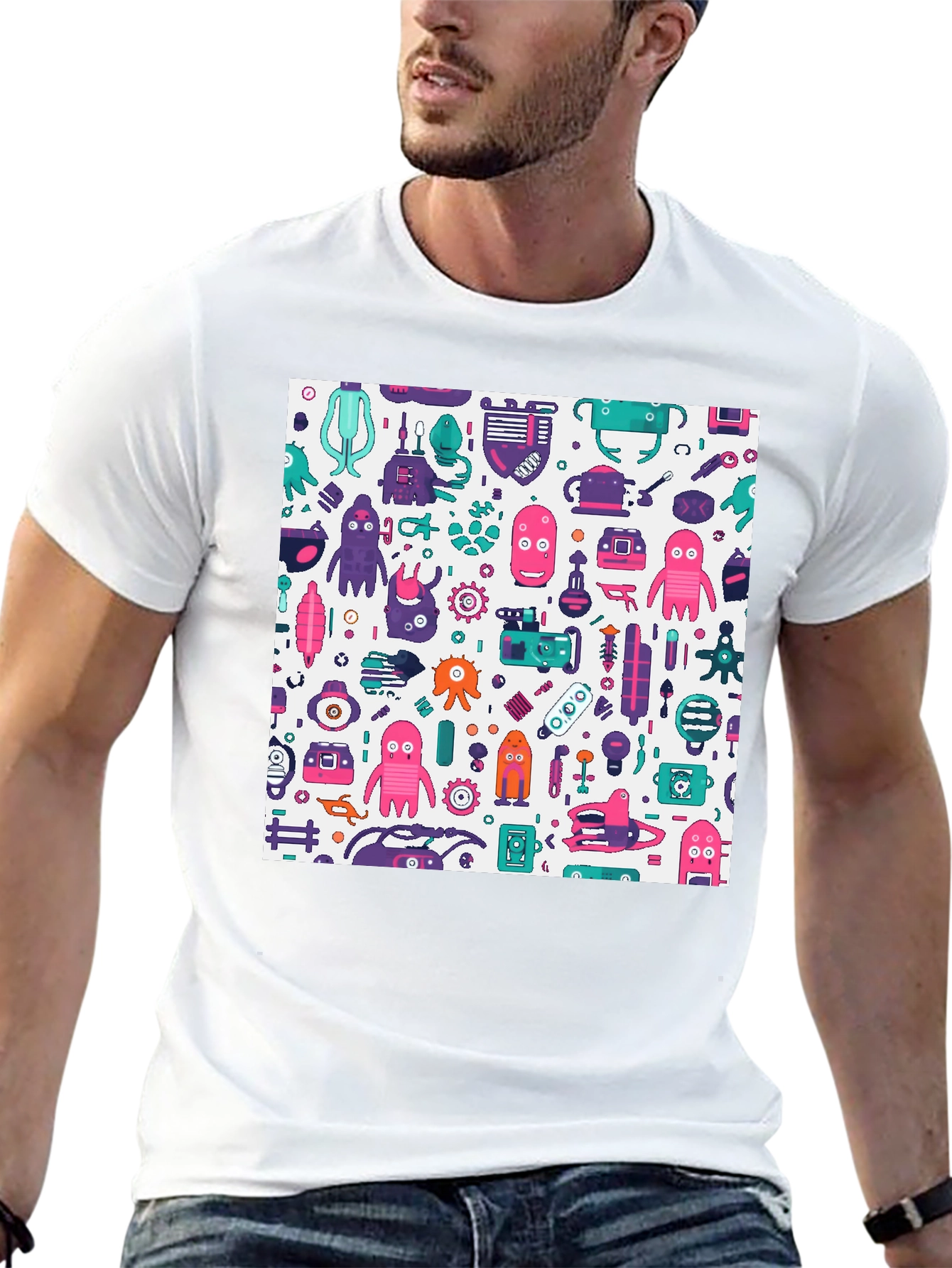 Funky Robot Print Black T-Shirt