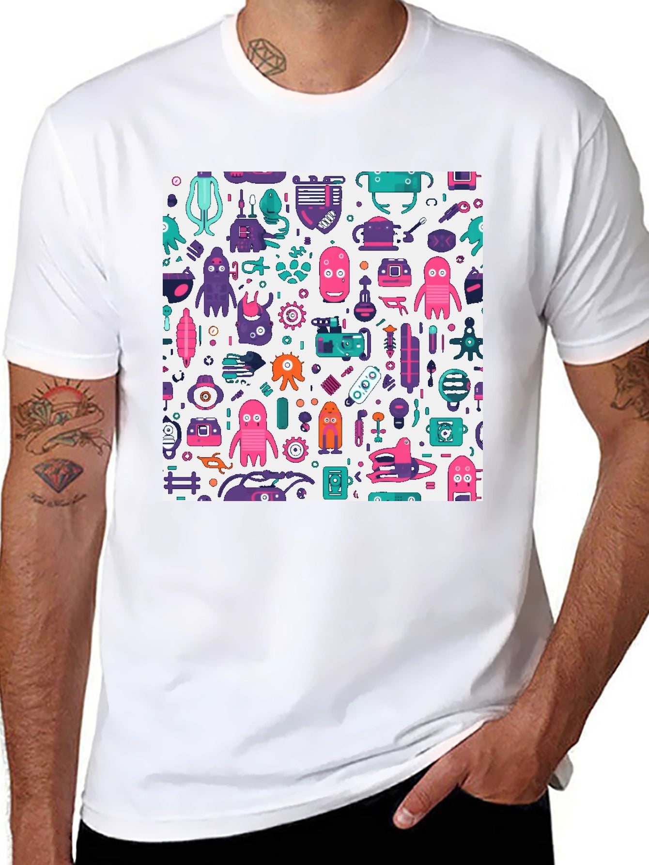 Funky Robot Print Black T-Shirt