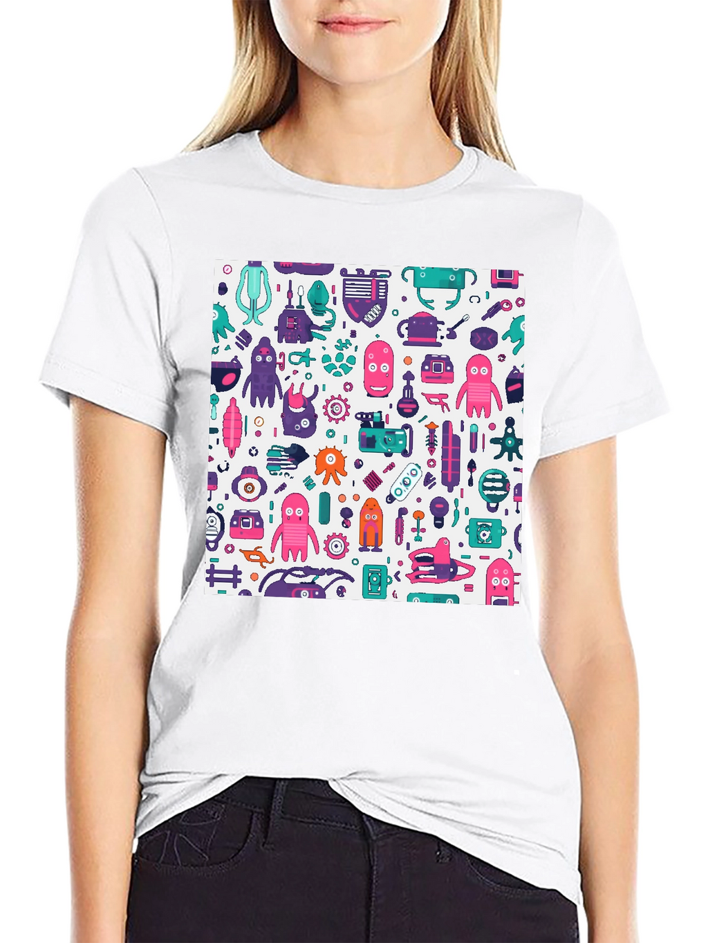 Funky Robot Print Black T-Shirt