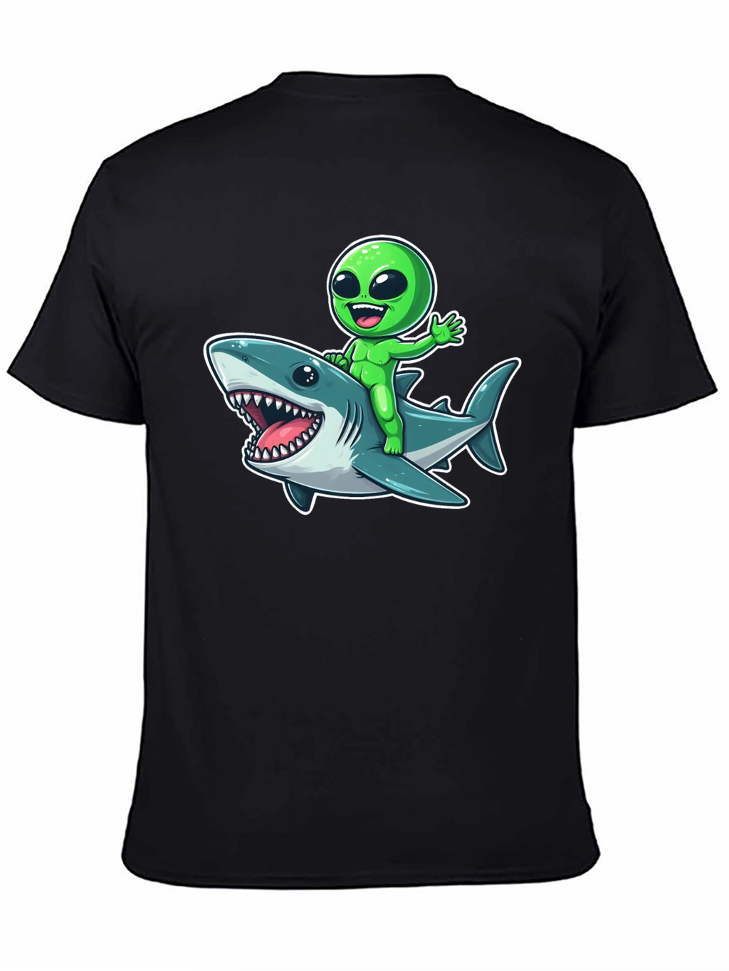 Alien Riding Shark Graphic T-Shirt - Mens Black Tee