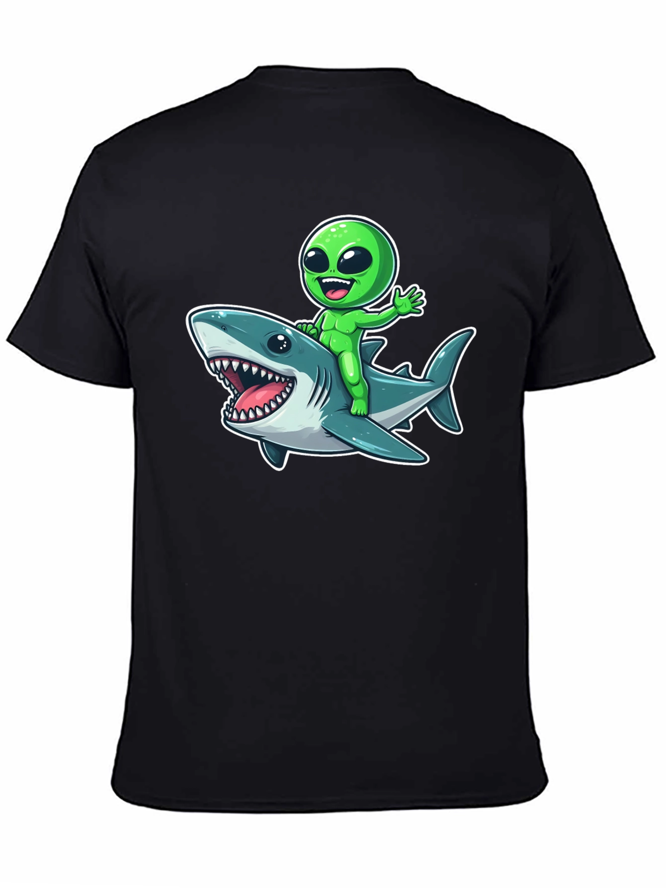 Alien Riding Shark Graphic T-Shirt - Mens Black Tee