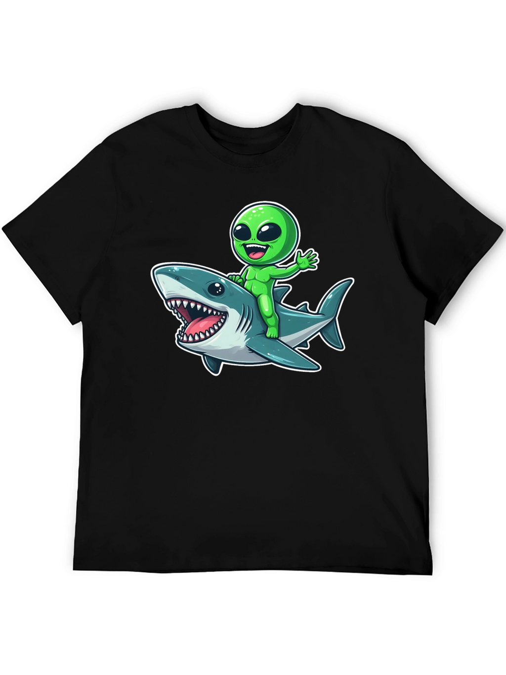 Alien Riding Shark Graphic T-Shirt - Mens Black Tee